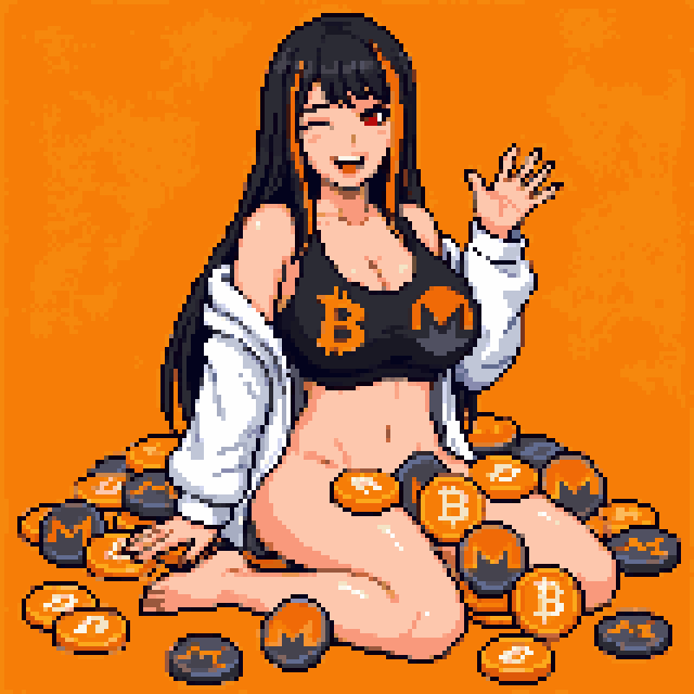 The Big Titty Pair girl sitting on a pile of Bitcoin and Monero coins