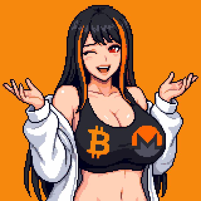 Big Titty Pair: a girl in a crop top with a Bitcoin logo on one side and a Monero logo on the other